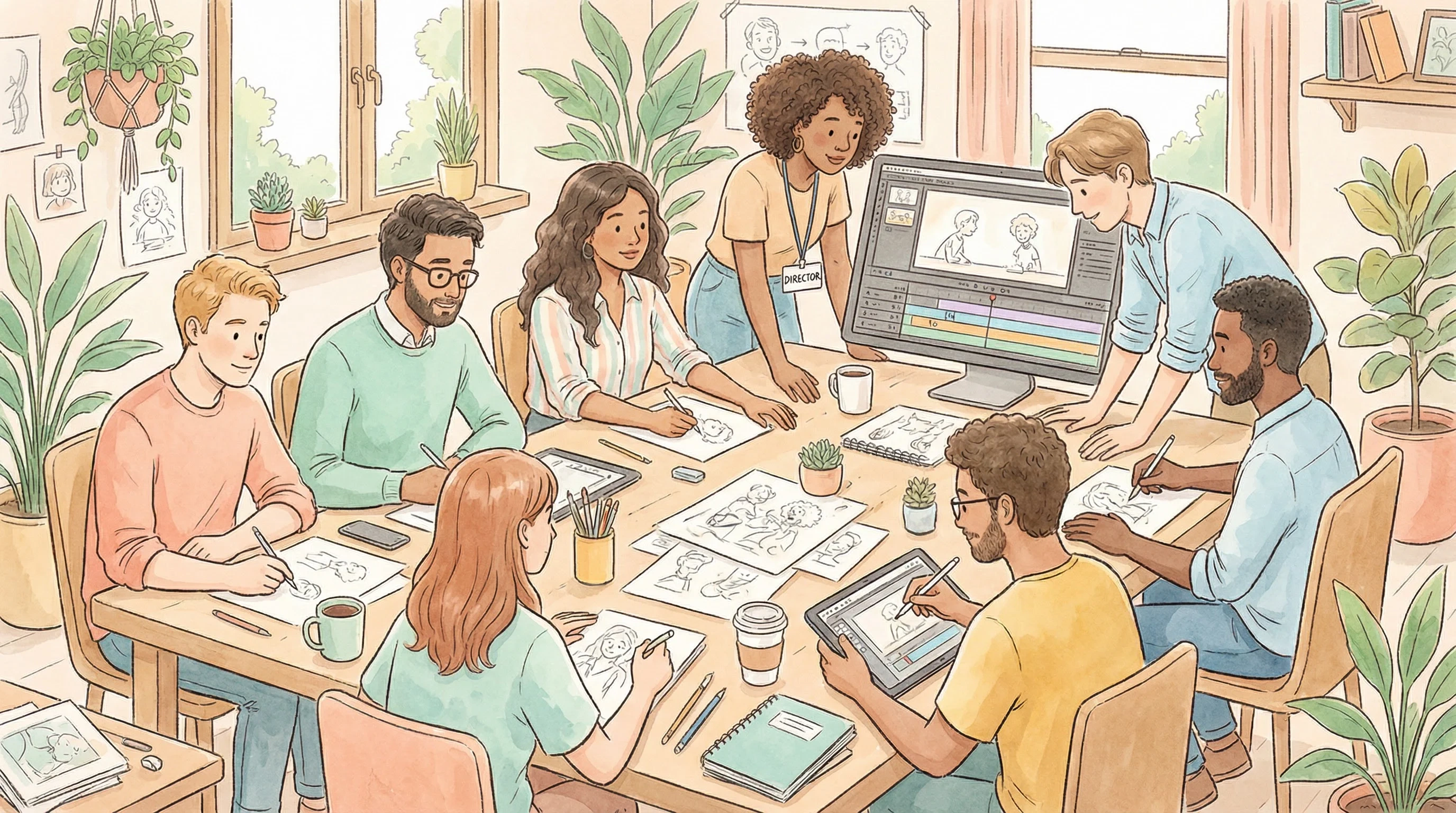 黑料网创作团队工作场景插画 - 多元化动画创作团队协作
