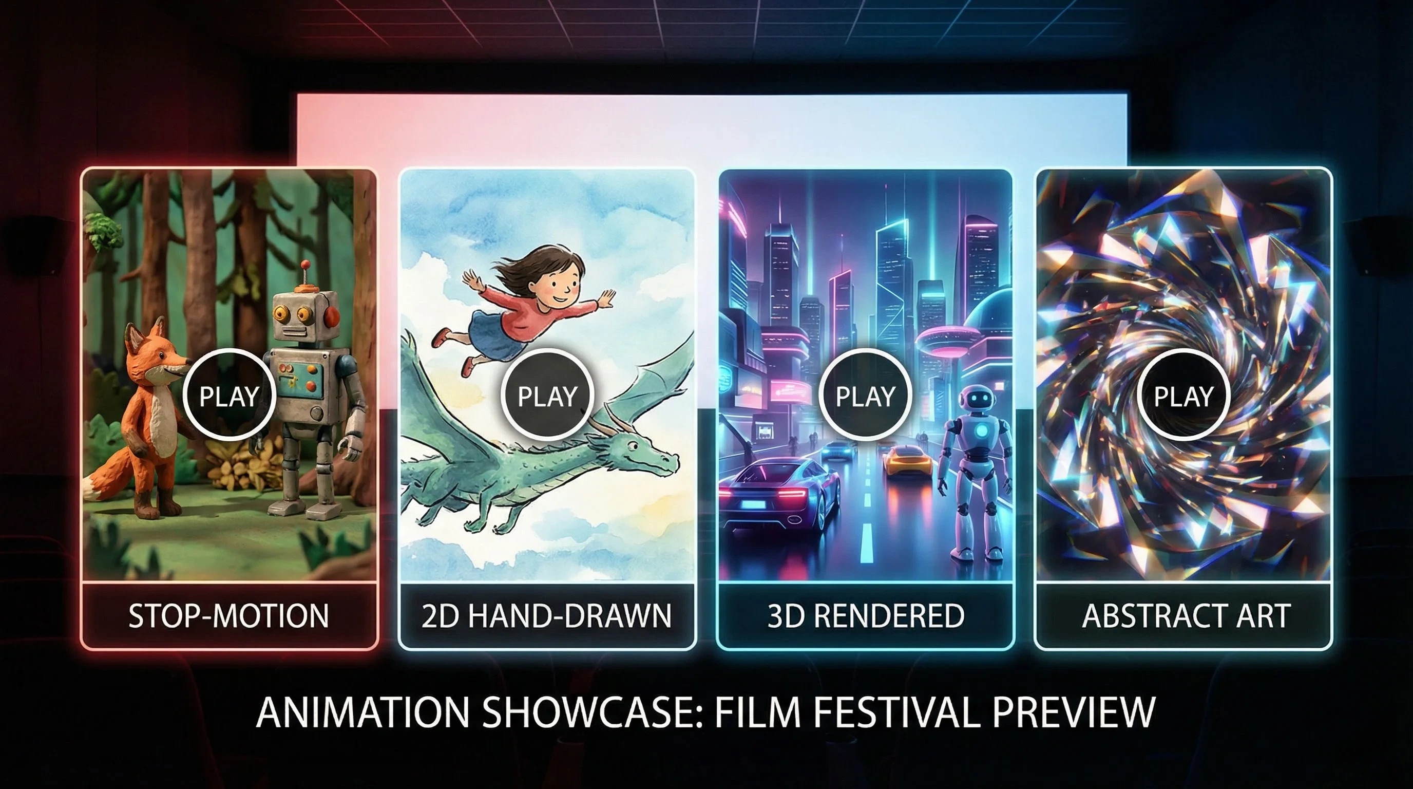 黑料网动画预告片合集横幅 - 定格动画、2D手绘、3D渲染、抽象艺术四种风格预览